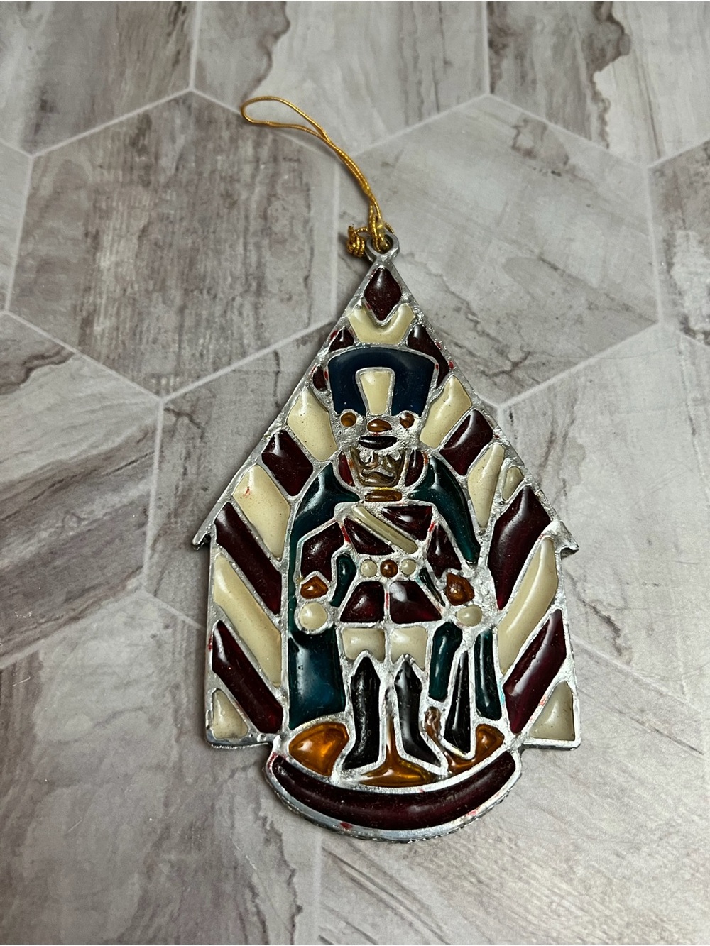 Vintage Stained Glass Style Nutcracker Christmas Ornament Metal Enamel 4”